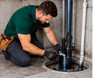 Plumber repairing sump pump pipework in Dubai