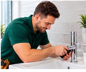 Plumber fixing a bathroom basin mixer tap