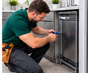 Plumber connecting a dishwasher water supply in Dubai