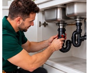Plumber clearing a blocked double kitchen sink trap in Dubai