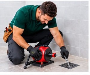 Plumber clearing a blocked floor drain with a drain machine in Dubai