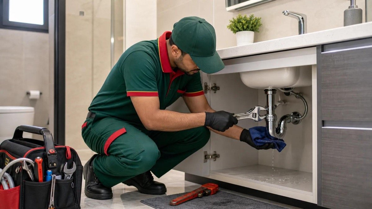 Emergency plumber in Dubai fixing a leak under a bathroom sink