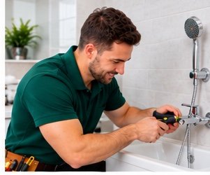 Plumber fitting a hand shower hose and mixer