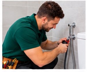 Plumber installing a jet spray (shattaf) next to a toilet