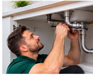 Plumber repairing kitchen sink pipes