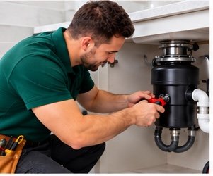Plumber installing a kitchen sink waste disposal unit in Dubai