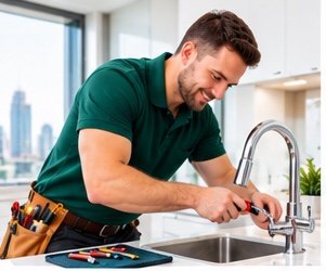 Plumber repairing a kitchen tap in a Dubai apartment in Dubai