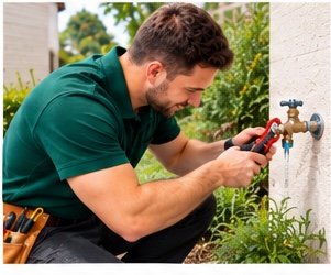 Plumber repairing a leaking outdoor garden tap in Mirdif, Dubai