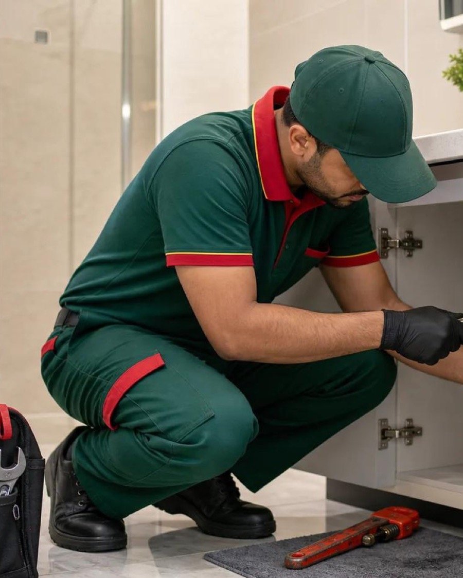 Rapid Plumbers Dubai plumber in green uniform fixing an under-sink leak