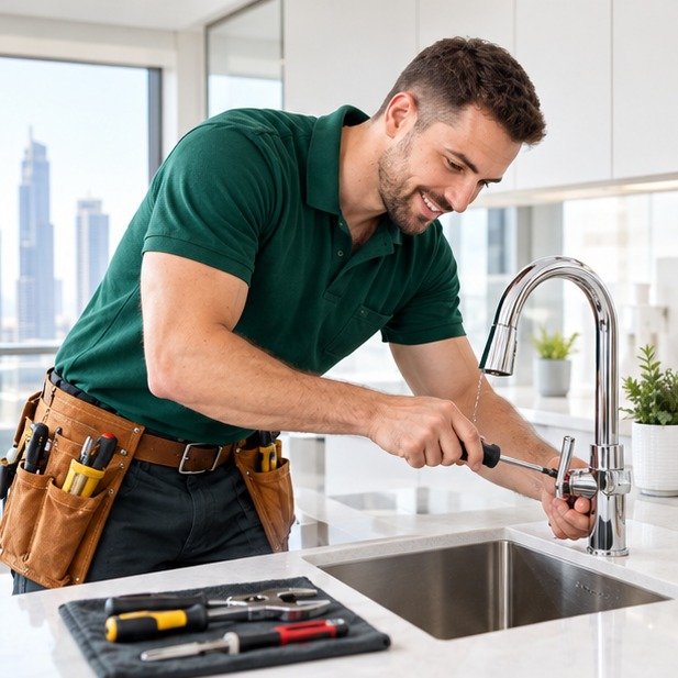 Plumber repairing a kitchen faucet in a Dubai apartment