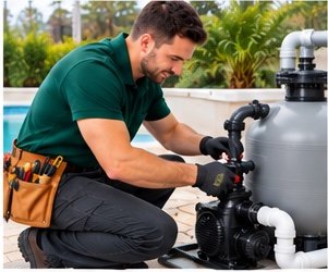 Plumber servicing a swimming pool pump and filter in Emirates Hills, Dubai