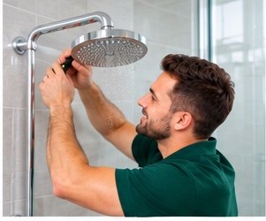 Plumber installing a rain shower head