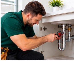 Plumber repairing a leaking pipe under a sink