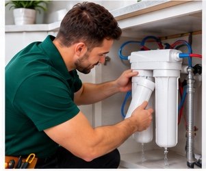 Plumber installing an under-sink water filter in Dubai