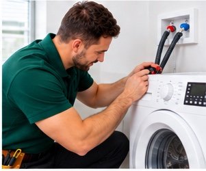 Plumber connecting water supply to a washing machine in Dubai