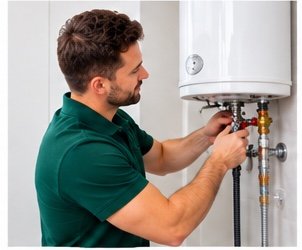 Plumber installing a wall-mounted water heater (geyser) in Dubai