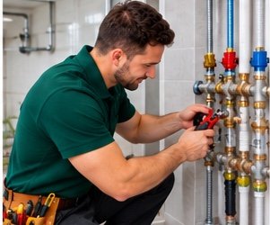 Plumber checking water supply pipes for leaks